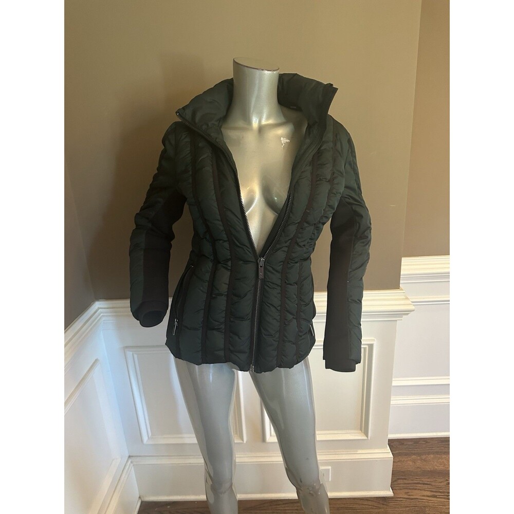 Zac Posen Vertical-Quilted Down Hooded Jacket Dark Green Sz Small